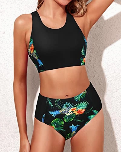 Trendy High Waisted Two Piece Bikini Set For Teen Girls-Black Pineapple