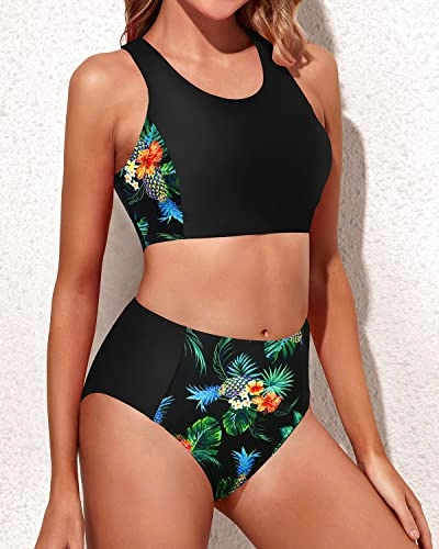 Trendy High Waisted Two Piece Bikini Set For Teen Girls-Black Pineapple