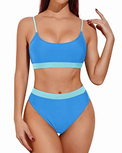Tummy Control & Slimming High Waisted Bikini Sporty Scoop Neck Swimsuits-Light Blue And Light Green
