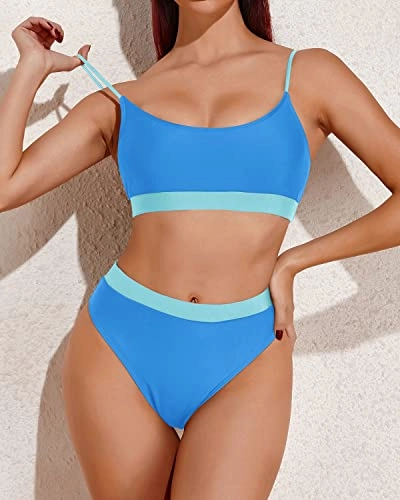 Tummy Control & Slimming High Waisted Bikini Sporty Scoop Neck Swimsuits-Light Blue And Light Green