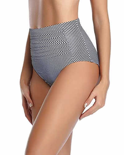Tummy Control Swimsuit Bottoms Ruched Bathing Suit Bottom-Black And White Stripe