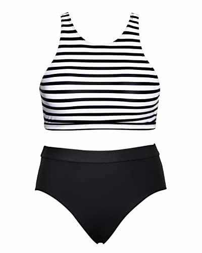 Tummy Control Swimsuits Bottom 2 Piece Bathing Suits For Teen Girls-Black And White Stripe