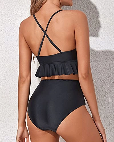 Tummy Control Two Piece Bikini Set Deep V Neckline-Black
