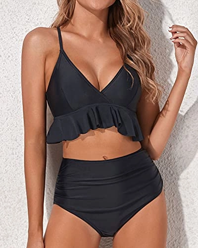 Tummy Control Two Piece Bikini Set Deep V Neckline-Black