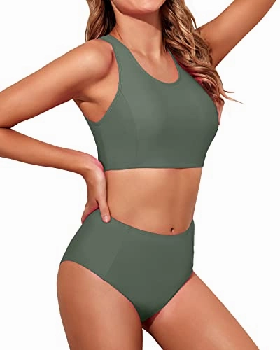 Two Piece Bikini Set Stylish Design For Teen Girls-Army Green