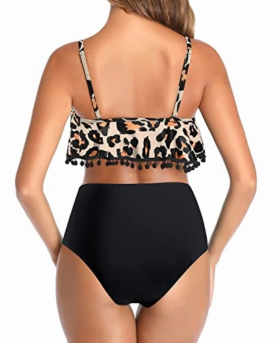 Two Piece Bikini Swimsuit Flounce Pom Pom Trim & Ruched High Rise Bottom-Black And Leopard