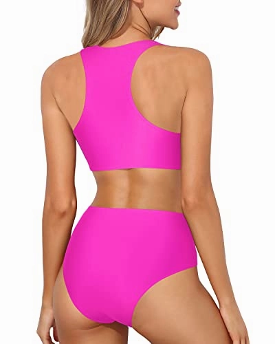 Two Piece Full Coverage Bottom Sporty High Waisted Bikini Set-Neon Pink