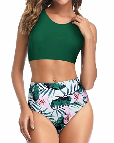 Two Piece Full Coverage Tummy Control Bikini Set-Green Tropical Floral