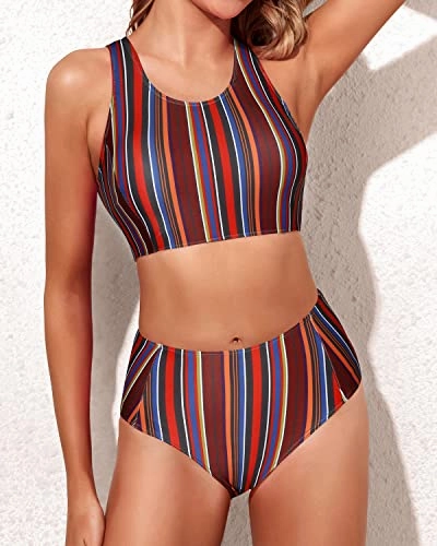 Two Piece High Waisted Bathing Suit For Teen Girls-Brown Striped