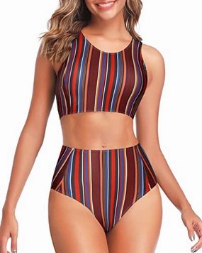 Two Piece High Waisted Bathing Suit For Teen Girls-Brown Striped
