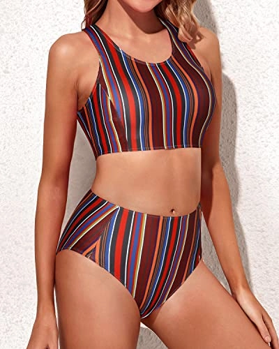 Two Piece High Waisted Bathing Suit For Teen Girls-Brown Striped