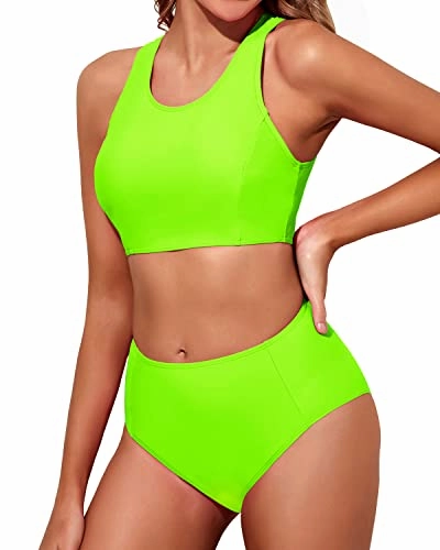 Two Piece High Waisted Bikini Set Full Coverage Bottom For Women-Neon Green