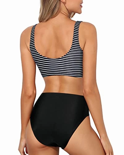 Two Piece Scoop Neck Bikini Crop Top High Cut Swimsuit-Black And White Stripe