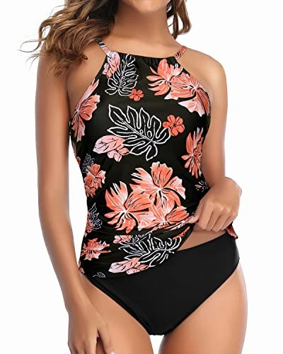 Two Piece Slimming Ruched Tankini High Cut Bottom-Black Orange Floral