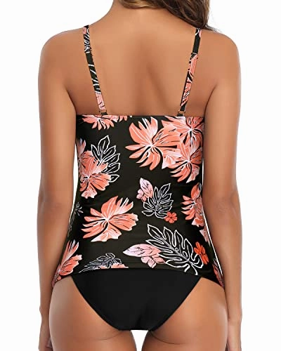 Two Piece Slimming Ruched Tankini High Cut Bottom-Black Orange Floral