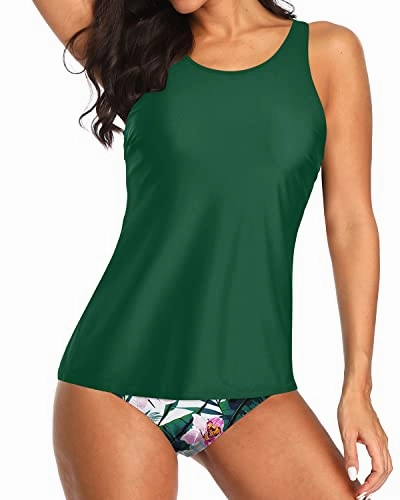 Unique Style On Beach Tankini 2 Piece Swimsuits-Green Tropical Floral