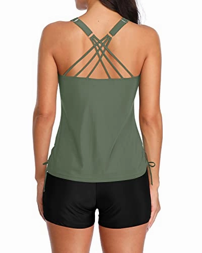 V-Neck Ruched Front Tummy Control Tankini Boyshorts-Olive Green