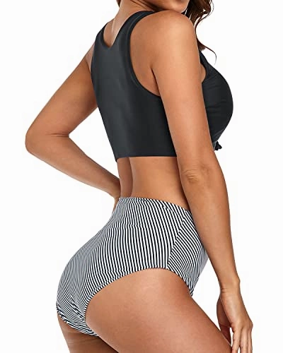 Vintage High Waisted Bikini Set Crop Top For Women-Black Stripe