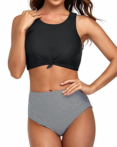 Vintage High Waisted Bikini Set Crop Top For Women-Black Stripe