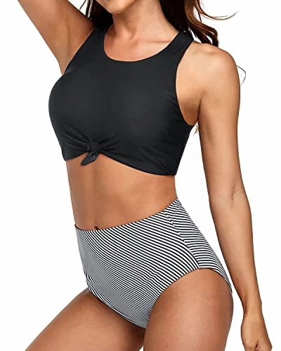 Vintage High Waisted Bikini Set Crop Top For Women-Black Stripe