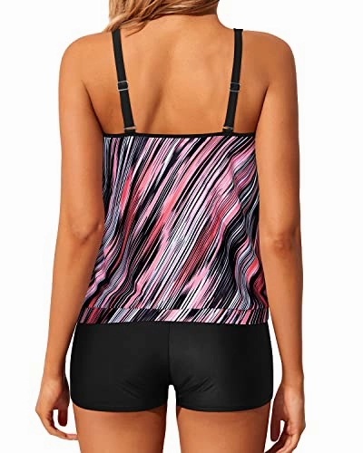 Women Adjustable Shoulder Straps Blouson Tankini Swimsuits-Pink Stripe