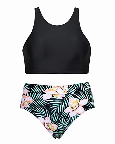 Women Adjustable Strap Removable Padded Bra Bikini Set-Black Floral