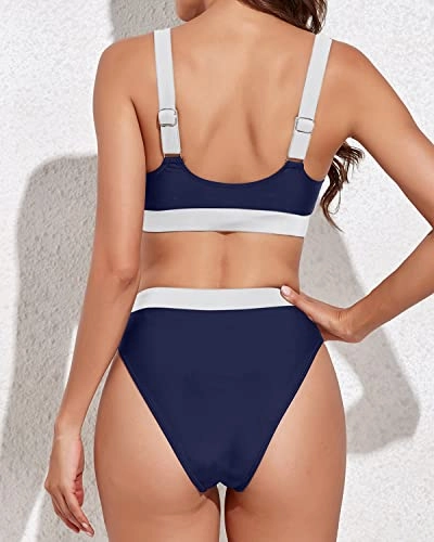 Women High Rise Athletic Bathing Suits Sporty Scoop Neck Bikini-Navy Blue And White