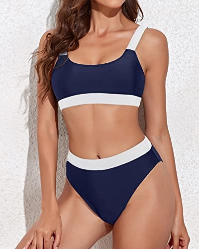Women High Rise Athletic Bathing Suits Sporty Scoop Neck Bikini-Navy Blue And White