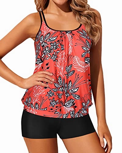 Women High Waisted Boyshort Tankini Bottoms Bathing Suits-Red Floral
