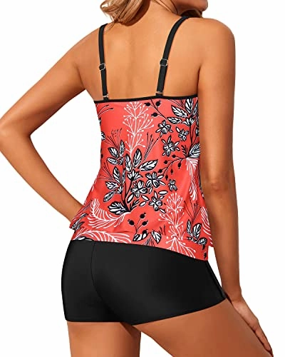 Women High Waisted Boyshort Tankini Bottoms Bathing Suits-Red Floral