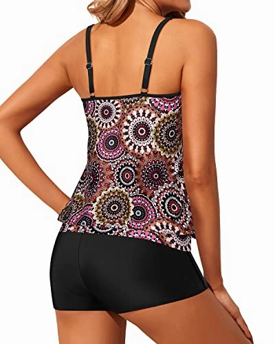 Women Ruched Scoop Neck Design Blouson Tankini Swimsuits-Brown Print