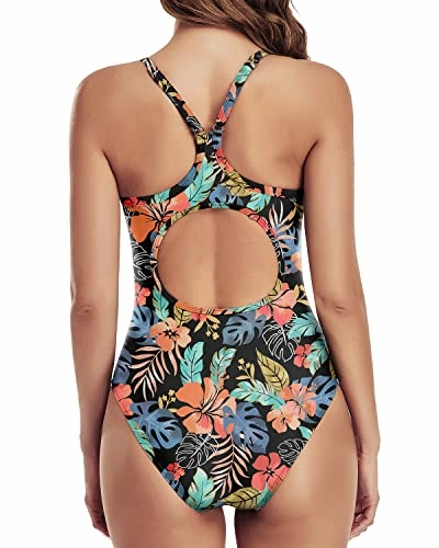 Women's Athletic One Piece Swimsuit Training Support-Black Red Flower