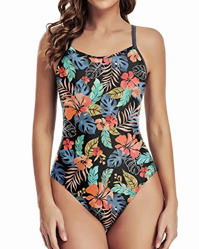 Women's Athletic One Piece Swimsuit Training Support-Black Red Flower