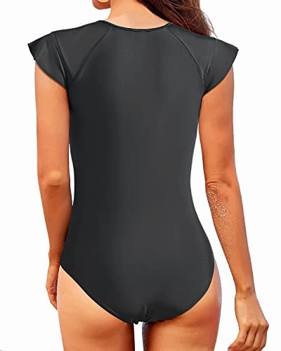 Women's High Neck Short Sleeve One Piece Rash Guard-Black