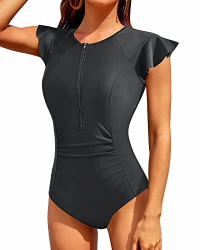Women's High Neck Short Sleeve One Piece Rash Guard-Black