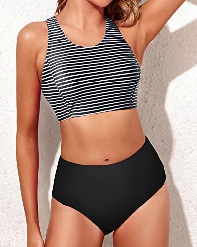 Women's Two Piece Scoop Neck High Waisted Bikini Set-Black And White Stripe