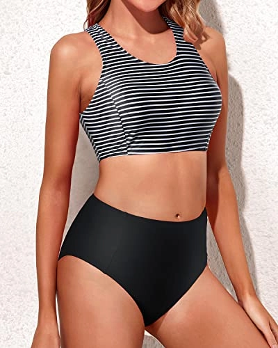 Women's Two Piece Scoop Neck High Waisted Bikini Set-Black And White Stripe
