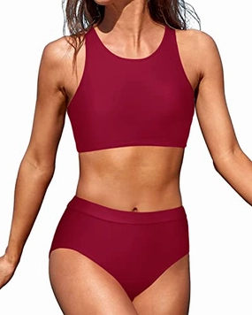 Women Two Piece Swimsuits High Waisted Bikini Set-Red